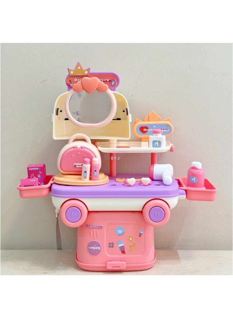 Hihonor Kids' Pull-String Cart Playset with Medical Makeup Station & Storage – Interactive Multifunctional Cooking and Baking Toy for Youngsters, Plastic, Educational Role-Playing Game (Pink) - Image 1